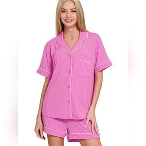 Bright Mauve Shirt Sleeve Button Down Shirt & Short  Set